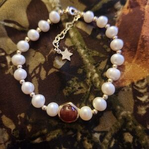 Pearl Bead Bracelet with Red Center Stone